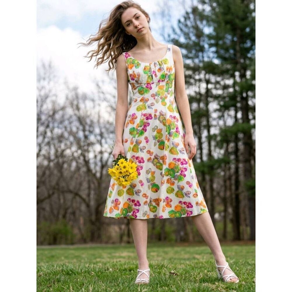 🔹️New Direction Cream Watercolor Floral Fit & Flare Sleeveless Dress Size 8